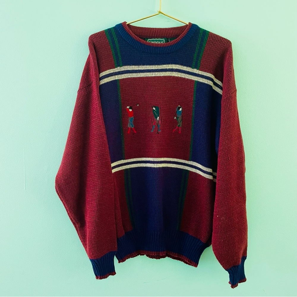 Vintage 90s Golf Sweater Large Embroidered Color Block VTG streetwear